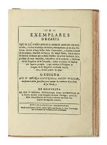 PHILIPPINES  SANCHO HERNANDO, BASILIO TOMÁS. Bound volume containing 5 publications relating to the expulsion of the Jesuits. 1768-70